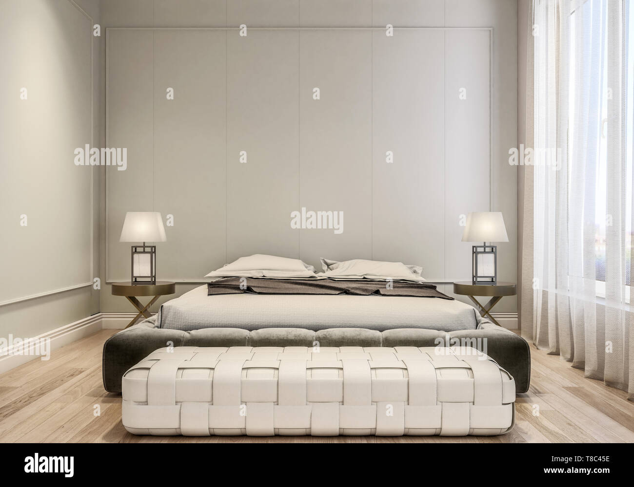 Design intérieur moderne de la chambre principale, lit king size avec des  draps de lit, du parquet et des murs gris de style classique avec des  moulures décoratives, ren 3d Photo Stock -