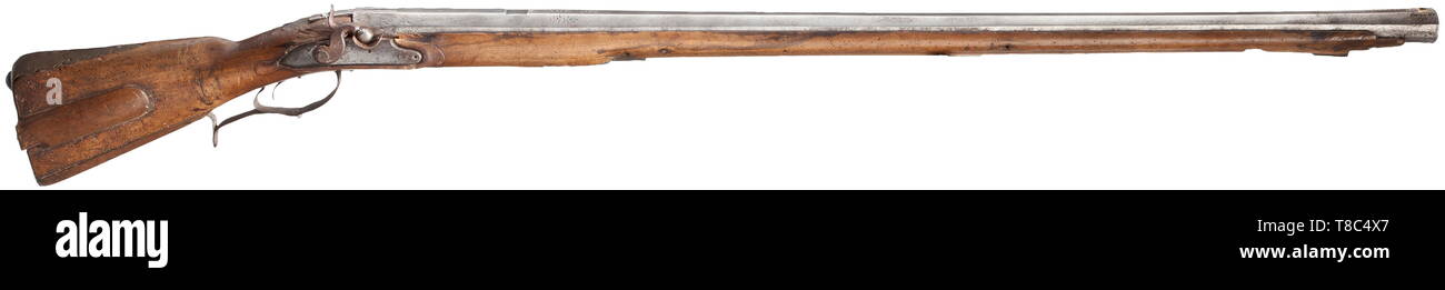 Un lourd fusil à percussion, canon du mur légèrement débordé, sept 1663-groove canon rayé, long canon octogonal de 20 mm avec guidon en laiton d'aronde. À la bouche et en face de l'(manquant) Vue arrière de conception géométrique en relief. Le dessus de la rampe portant la date '1663' ('1763' a frappé sur le dessus), sur la gauche à la fin du canon le smith mark de Wenzel Kutschera (Stöckel no. 675). Converti platine à percussion avec inscription illisible et cheveux dégradé trigger. Achat complet de noyer avec patch-box et gravé, Additional-Rights ornamentally bra-Clearance-Info-Not-Available Banque D'Images