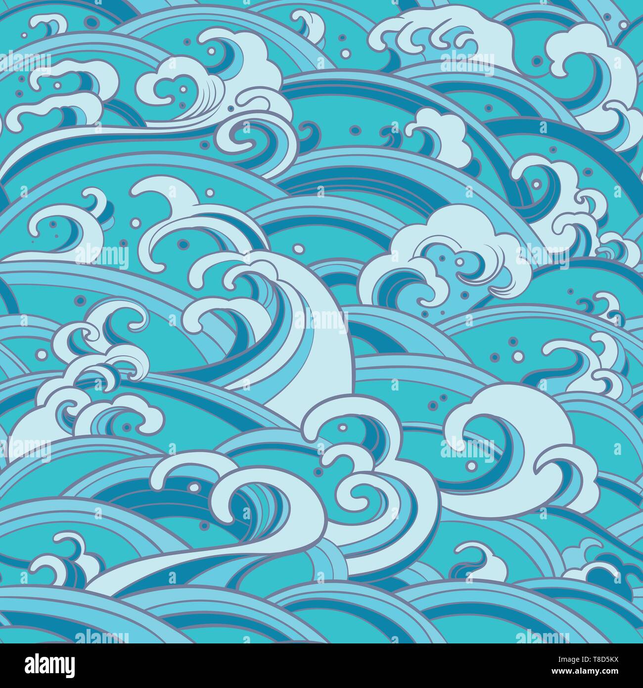 Transparente avec motif oriental traditionnel, les vagues de l'océan, de la mousse, des éclaboussures. Toile de mer vecteur Illustration de Vecteur