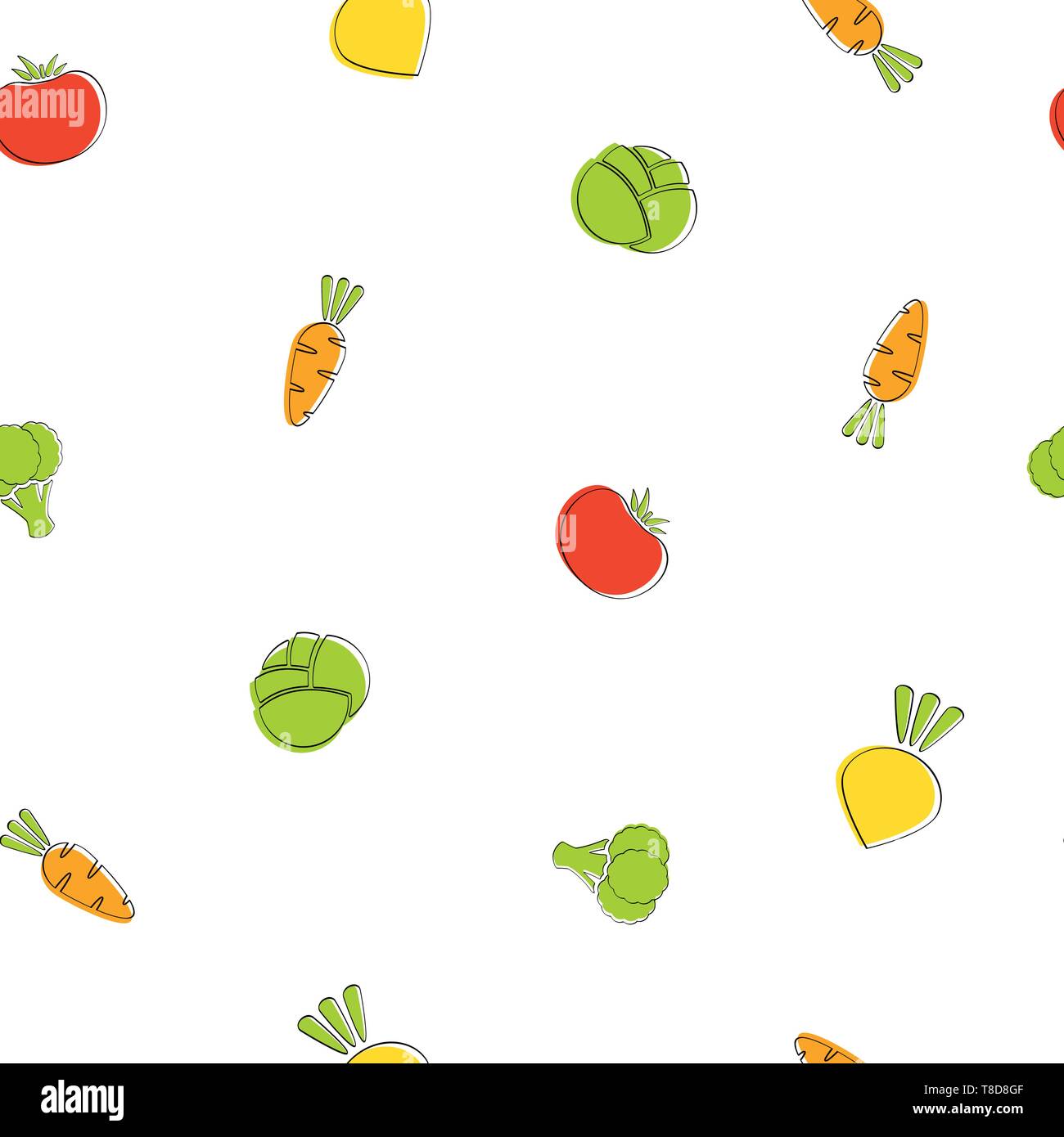 Légumes de saison seamless background vector illustration plate. Fond d'aliments frais dans des couleurs naturelles avec petite carotte, tomate et le chou, le navet et le brocoli élément transparent végétale Illustration de Vecteur