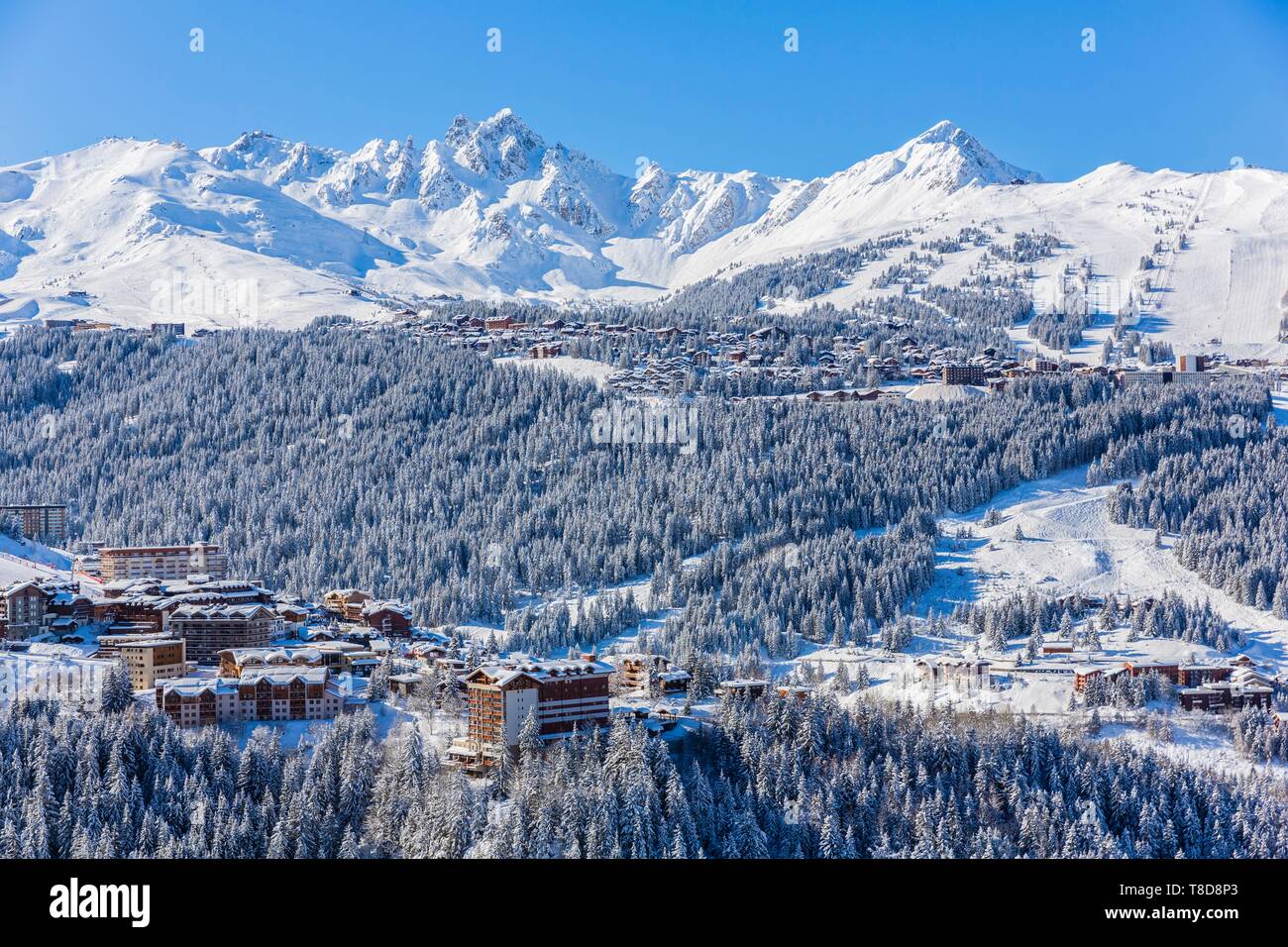 France, Savoie, Courchevel Courchevel, Moriond et massif de la Vanoise, Tarentaise, vue du Sommet de la Saulire (2738m) (vue aérienne) Banque D'Images