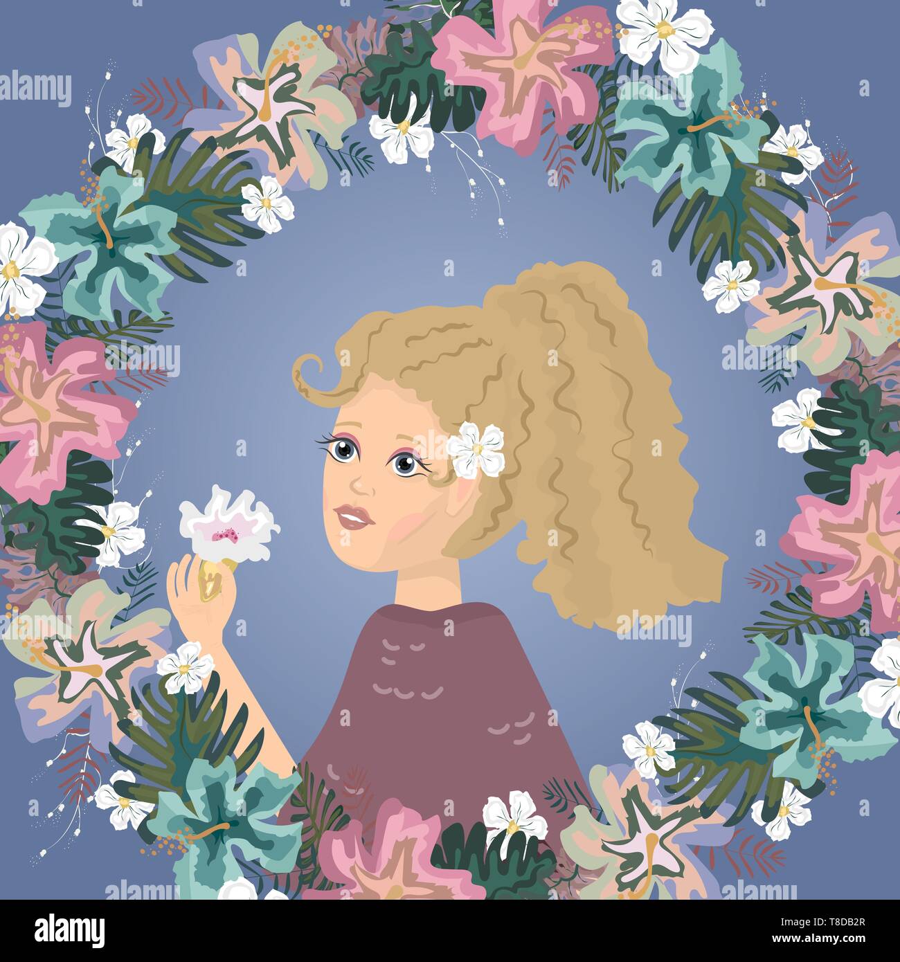 Belle fille blonde avec une couronne de fleurs Illustration de Vecteur