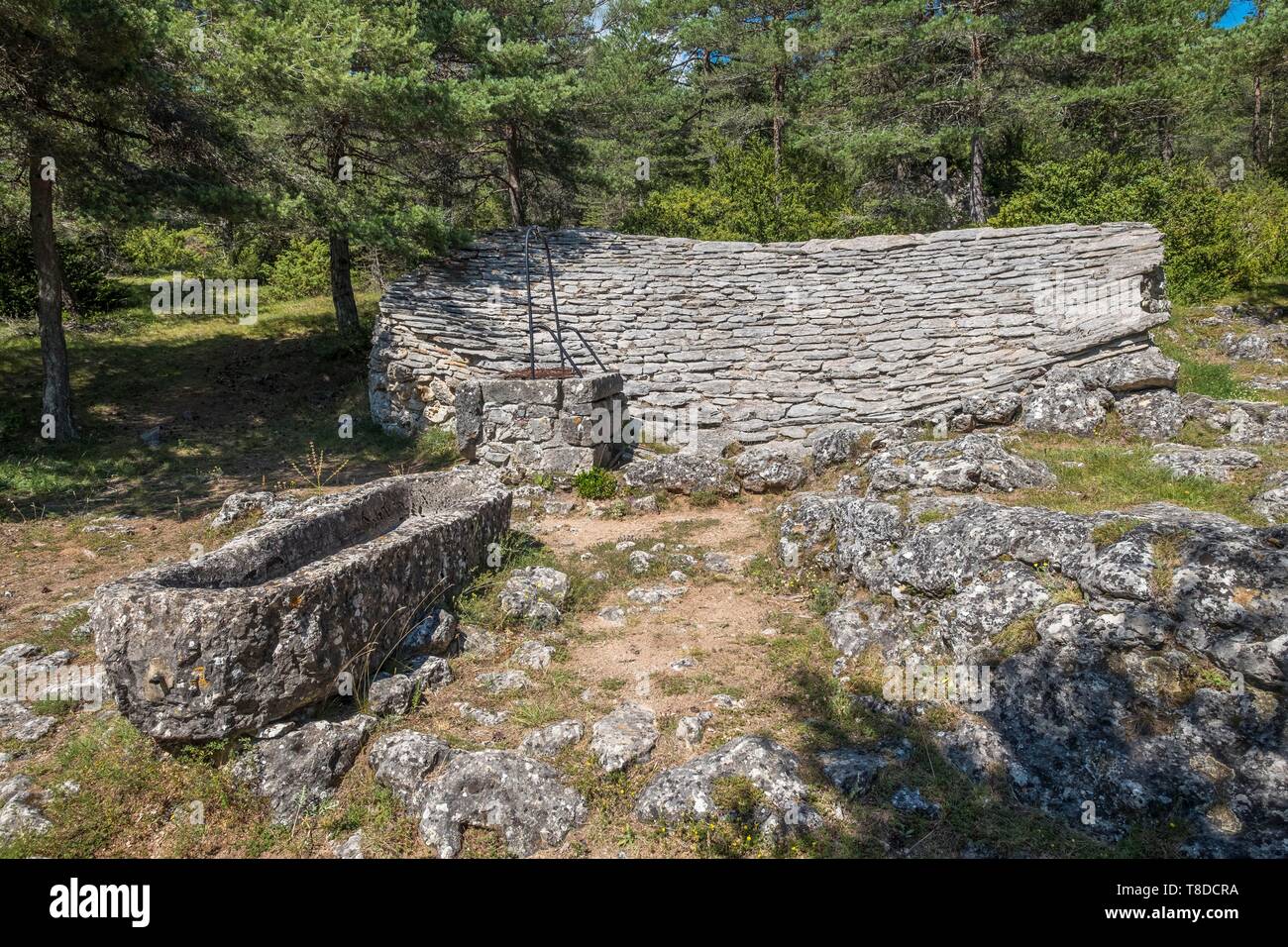 La France, l'Aveyron, système de collecte des eaux de pluie avec un toit en pierre, une citerne, un puits et un abreuvoir, La Roujarie, Causse Noir Banque D'Images