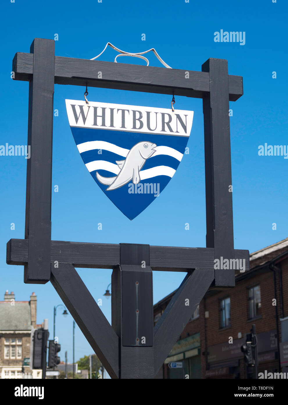 Whitburn panneau du village, North East England, UK Banque D'Images