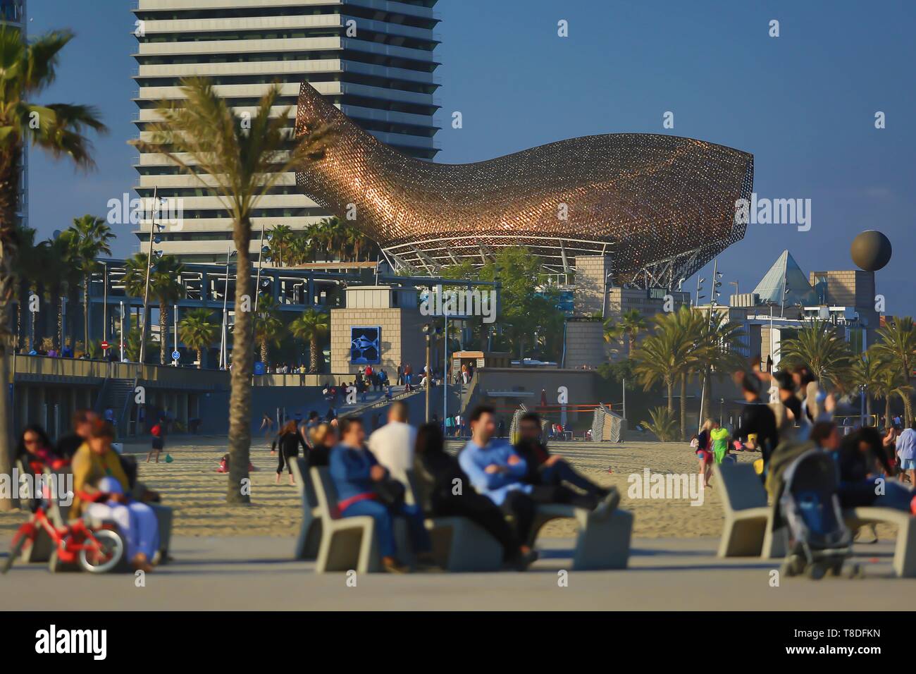 Espagne, Catalogne, Barcelone, &# x200b ;&# x200b;Peix ou Ballena (baleine) sculpture de l'American-Canadian l'architecte Frank Owen Gehry vu de la promenade Banque D'Images