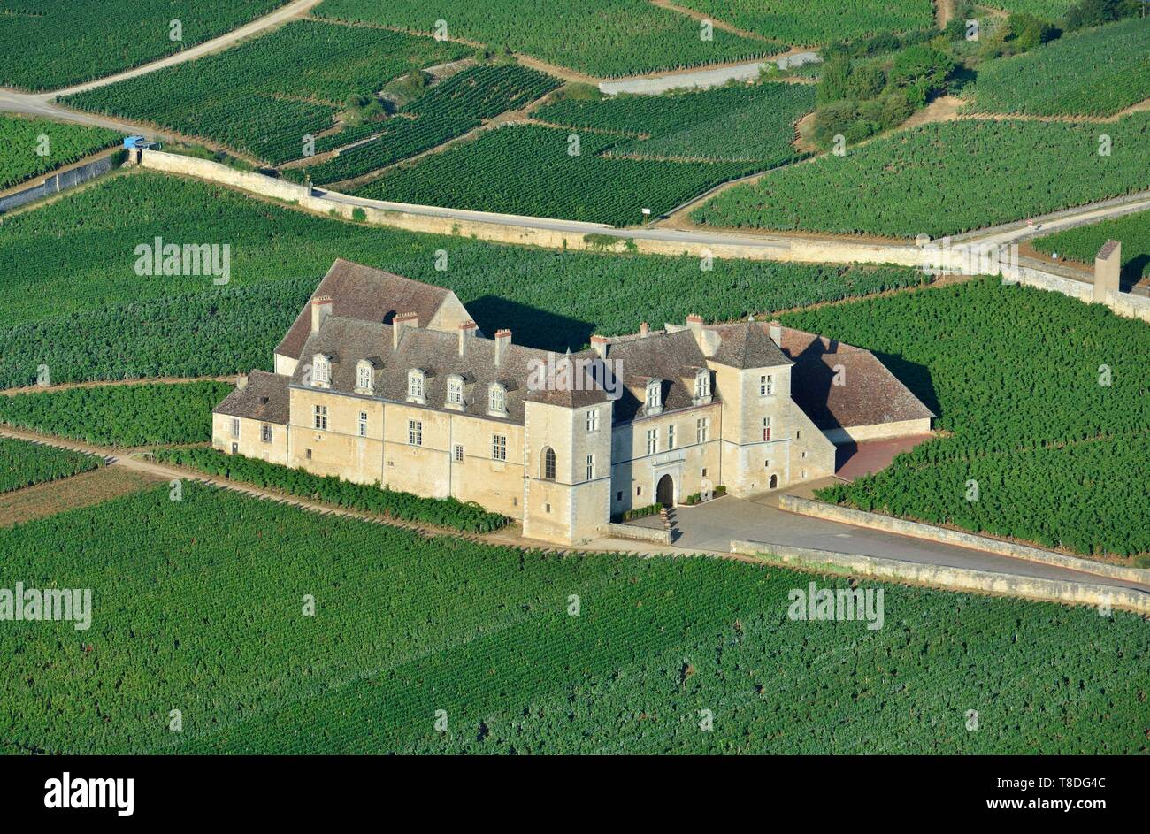 France, Côte d'Or, paysage culturel de climats de Bourgogne classé au Patrimoine Mondial par l'UNESCO, le vignoble et le château du Clos Vougeot (vue aérienne) Banque D'Images