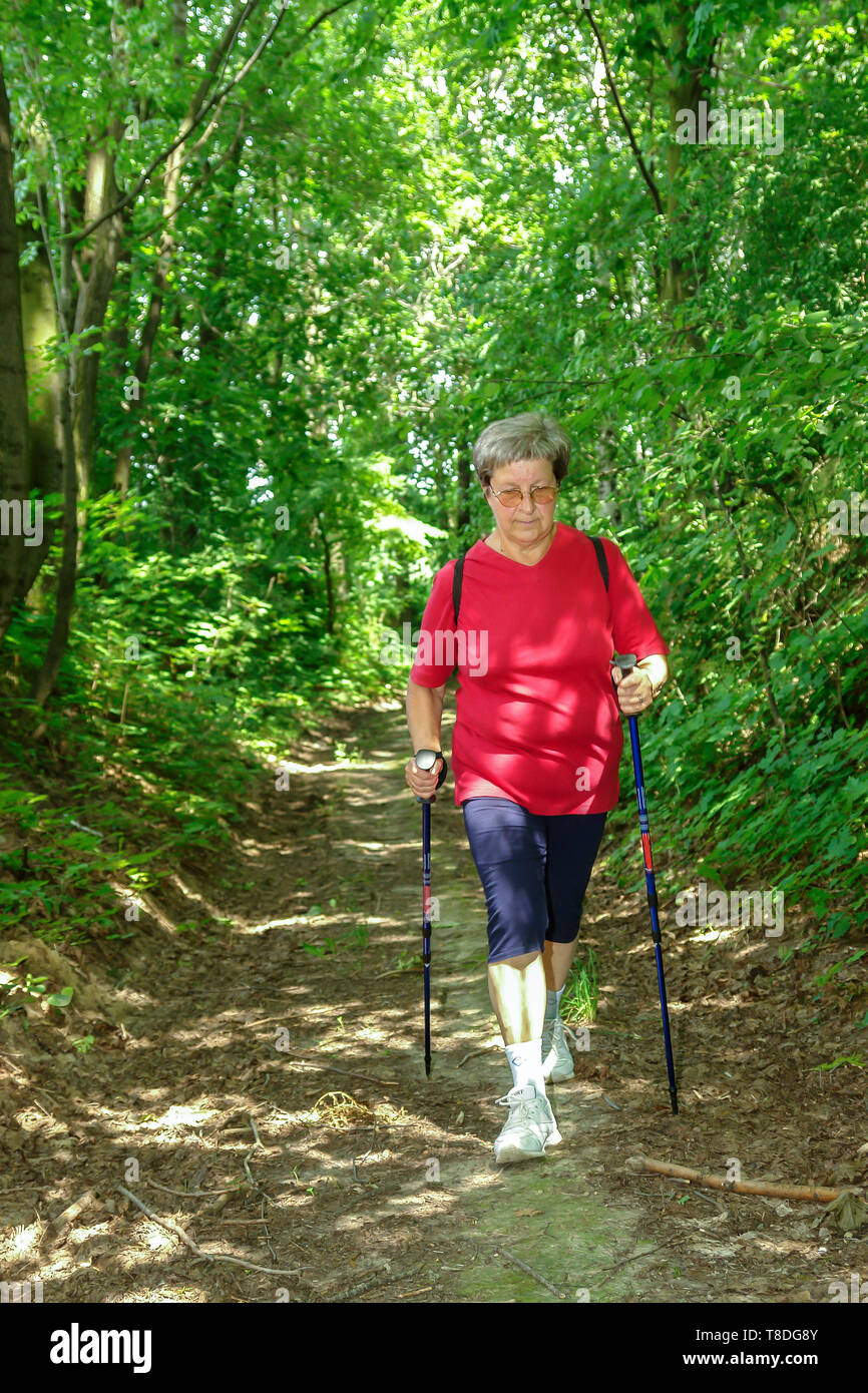 Senior woman en randonnée dans la forêt à l'aide de bâtons de marche nordique Banque D'Images
