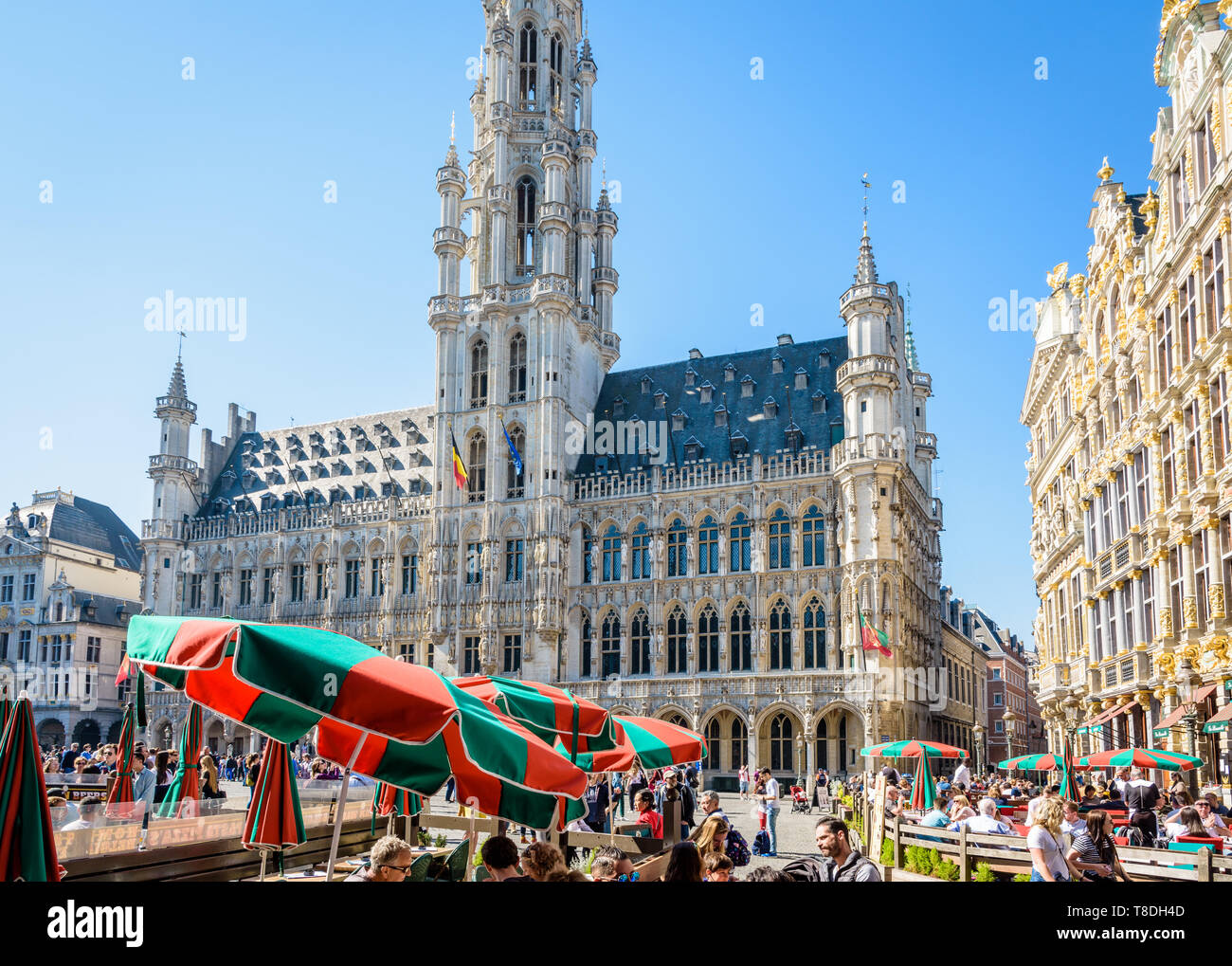 Les touristes ayant un verre sur la terrasse d'un café sur la Grand Place à Bruxelles, Belgique, en face de l'hôtel de ville et ses 96 mètres de haut du beffroi. Banque D'Images