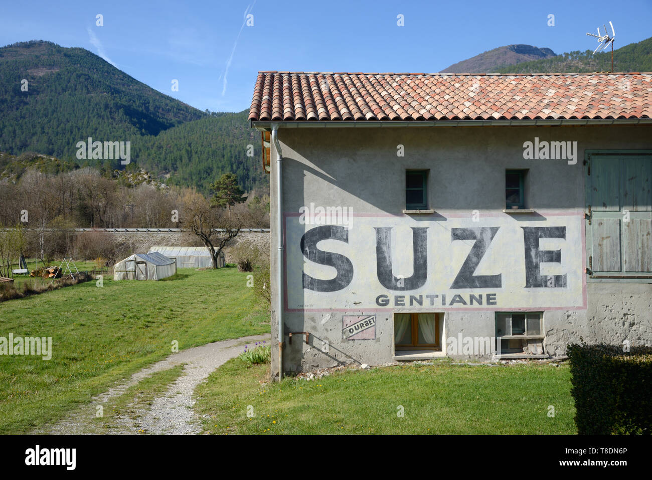 Vieux Mur peint, annonce Adverisement ou la publicité pour la boisson ou Gentiane Bitters Français Apéritif Suze sur mur ferme Barreme France Banque D'Images Vieux Mur peint, annonce Adverisement ou la publicité pour la boisson ou Gentiane Bitters Français Apéritif Suze sur mur ferme Barreme France Banque D'Images