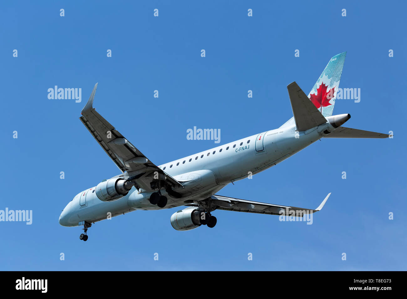 Avion à réaction à l'atterrissage avec les roues vers le bas. Toronto Ontario Canada. Banque D'Images