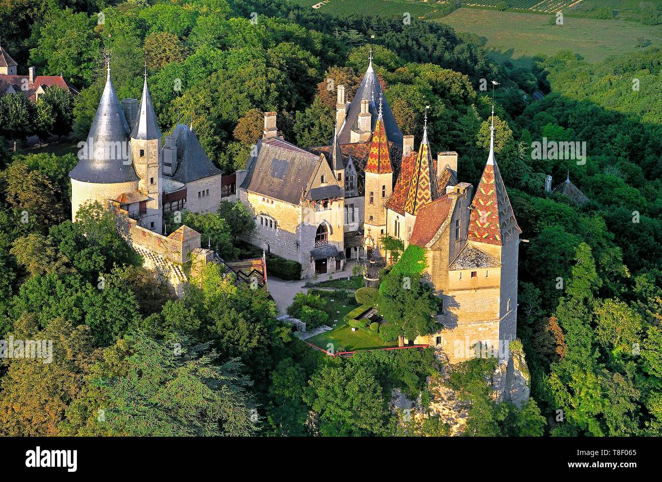 France, Côte d'Or, la Rochepot, le Château (vue aérienne) Banque D'Images