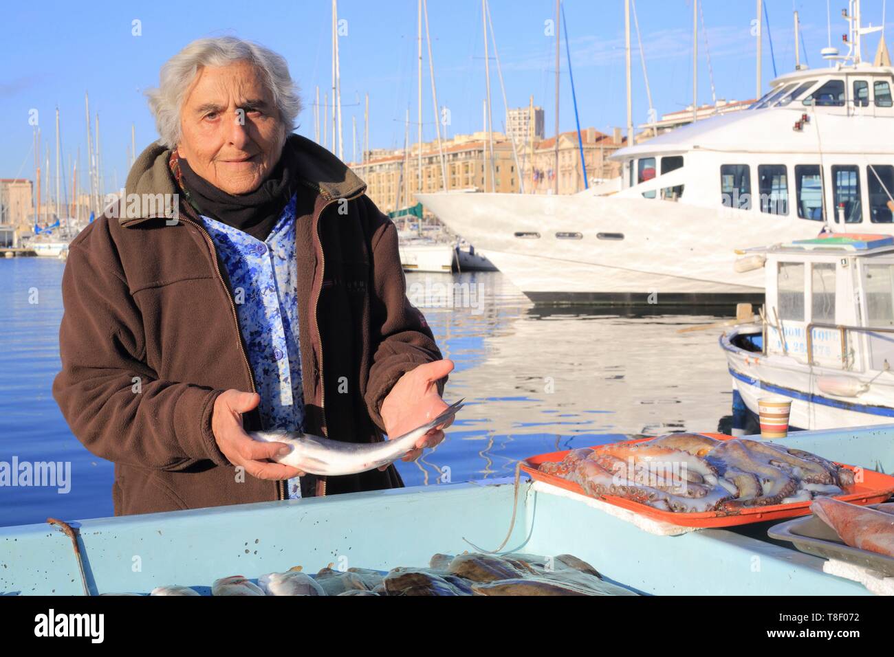 France, Bouches du Rhône, Marseille, Vieux Port, le marché aux poissons, le poissonnier Banque D'Images