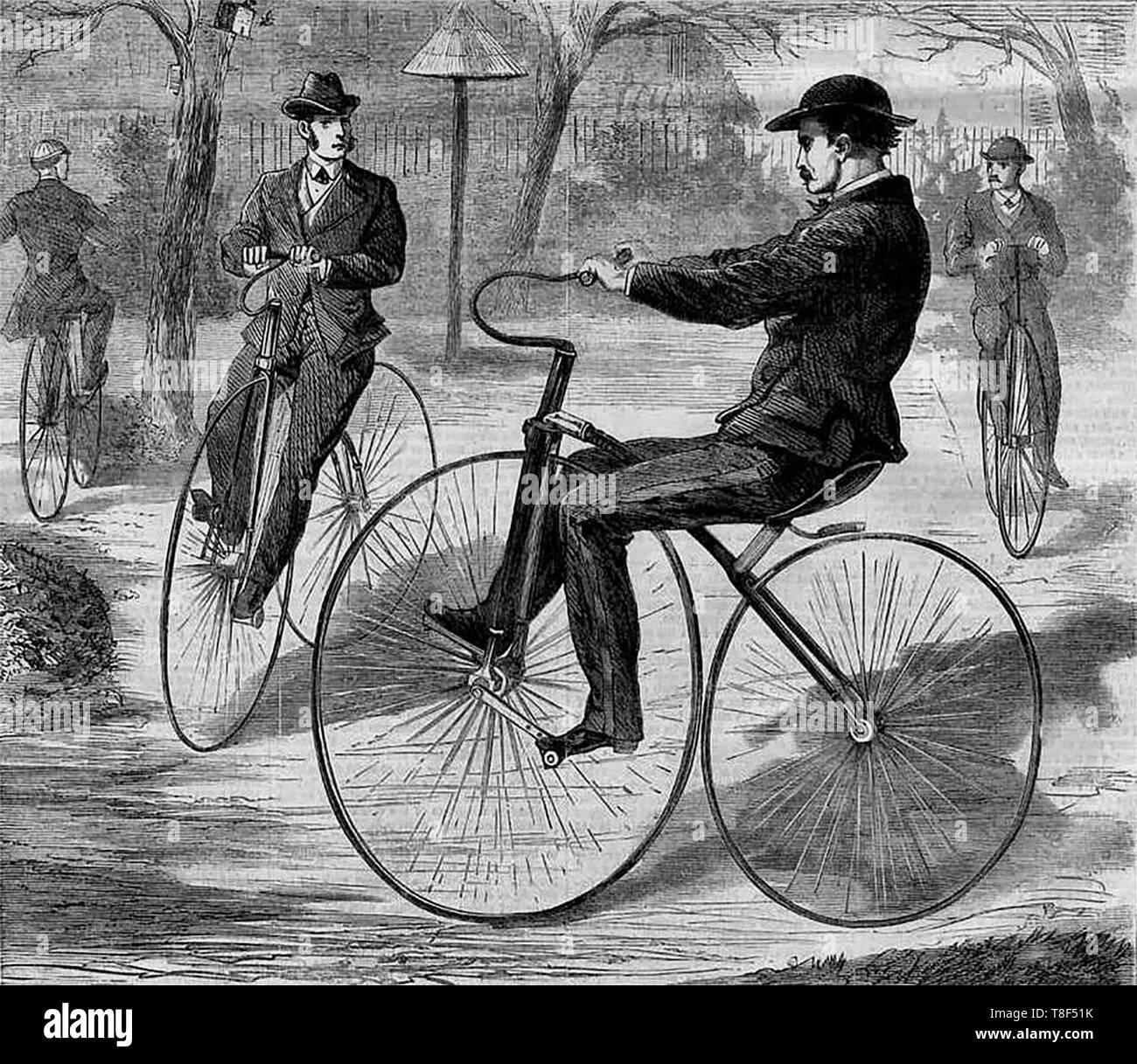 Le vélocipède américain, une gravure sur bois dessinée par Theodore R. Davis et publié dans le Harper's Weekly, 19 décembre 1868. Banque D'Images