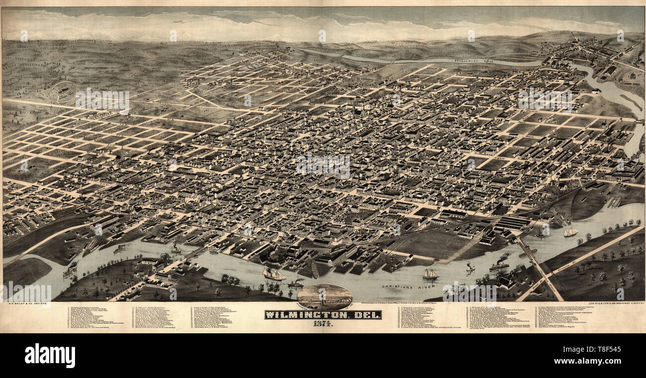 Birds Eye View de Wilmington, Delaware 1874 Banque D'Images