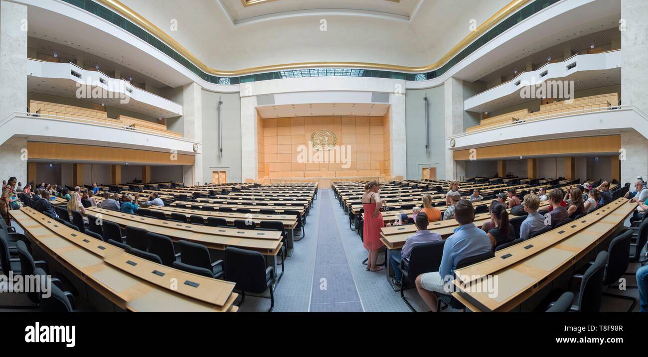 La Suisse, Genève, Suisse, dans le Palais des Nations Unies, Organisation des Nations Unies, vue panoramique de la salle de réunions Banque D'Images