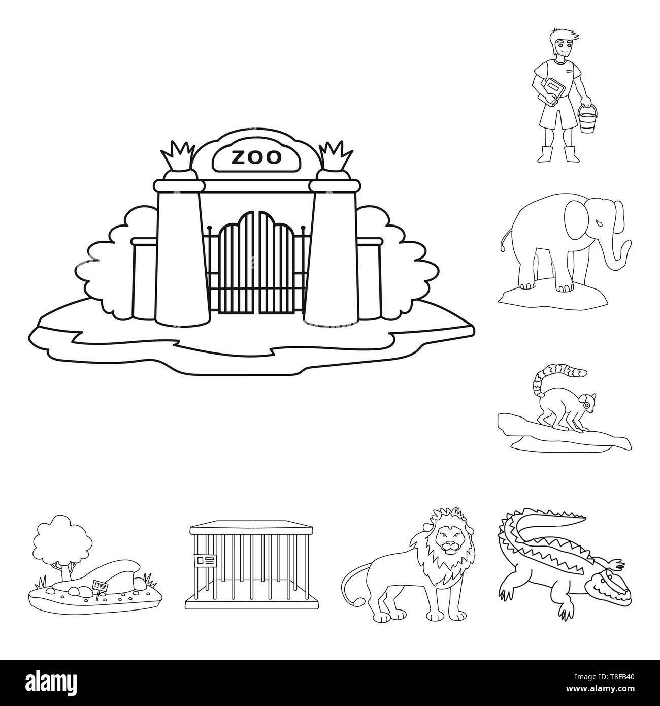 Gate,gardien,elephant,lemur,arbres,cell,lion,crocodile,homme,mignon,monkey,,sable,vide,alligator,sortie,Afrique,gardien,tropical,monticule,prison,jungle,ouvert,sud,godet grass,metal,mane,animation,parc,zoo,Safari,animal,nature,faune,flore,fun,set,icône,,illustration,collection,isolé,design,graphisme,élément signe,ligne,plan,vecteurs vecteur , Illustration de Vecteur
