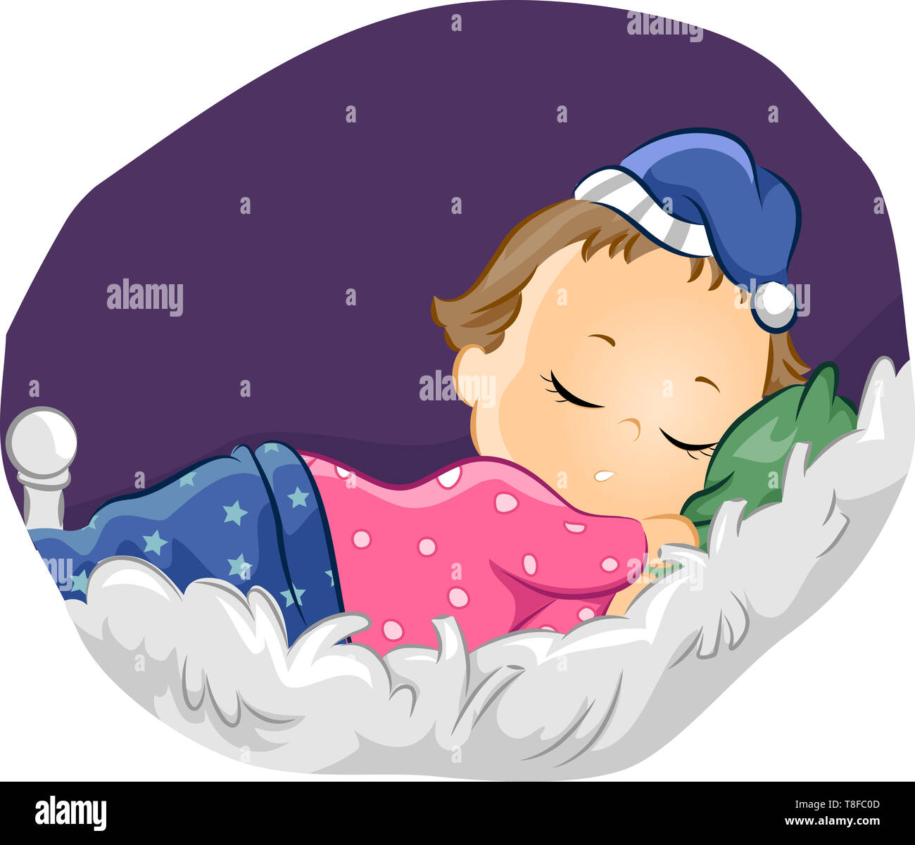 Illustration d'un enfant fille dormir sur son lit moelleux Banque D'Images