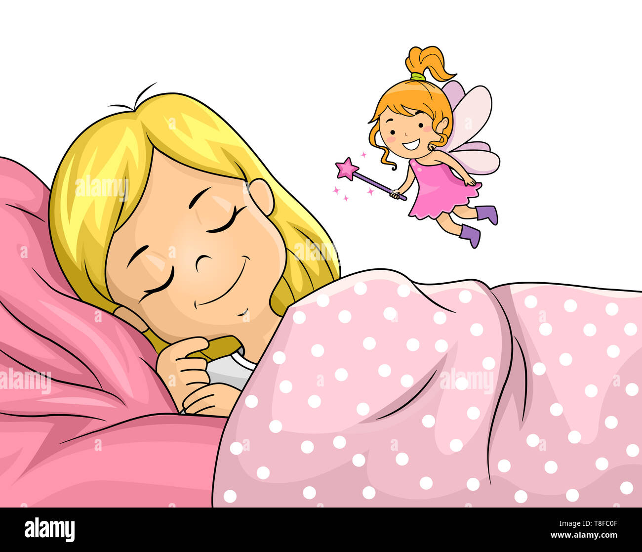 Illustration d'un Kid Girl Sleeping et flottant au-dessus de la fée des dents Banque D'Images