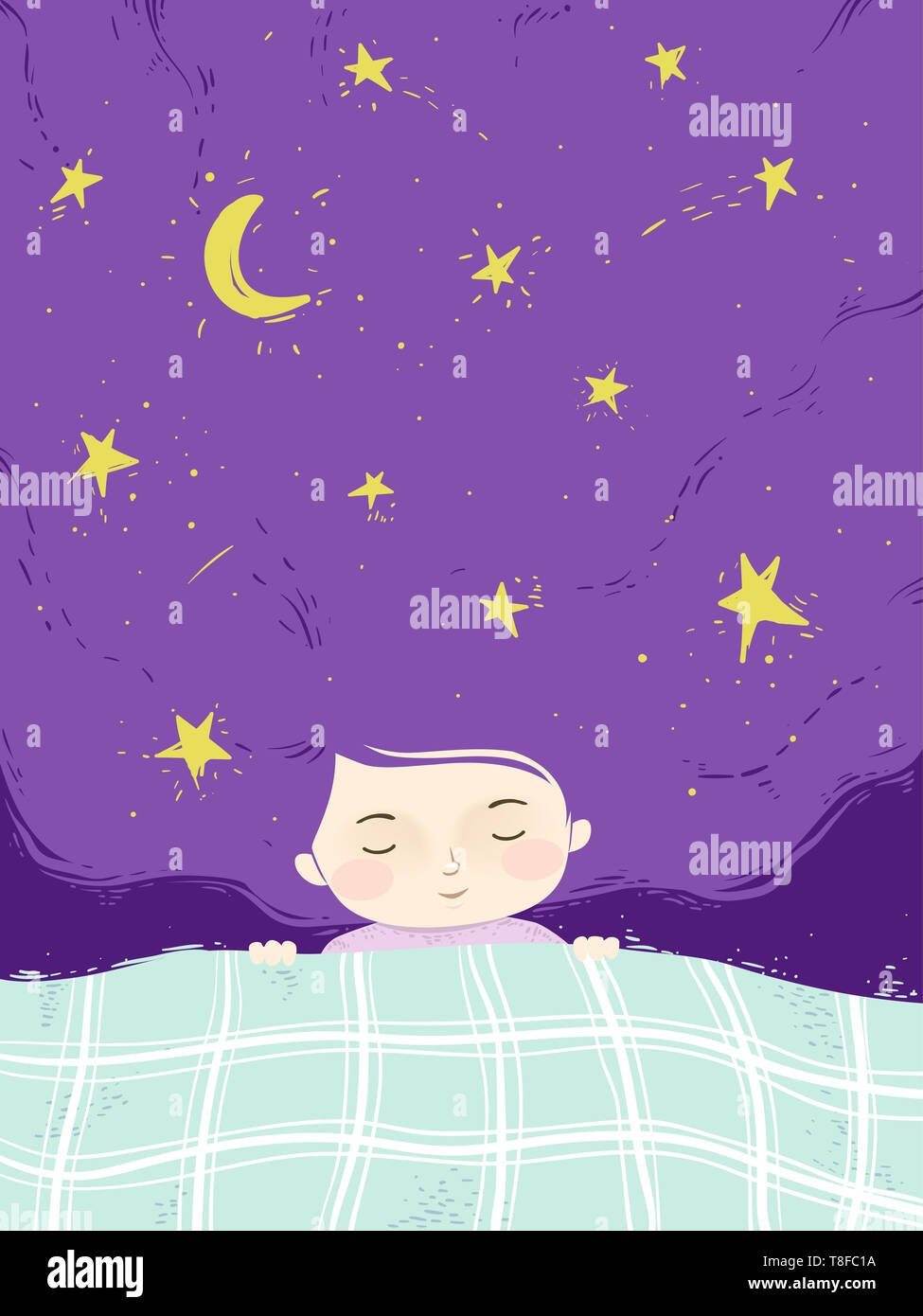 Illustration d'un enfant fille dormir avec les étoiles et la lune sur ses cheveux Banque D'Images