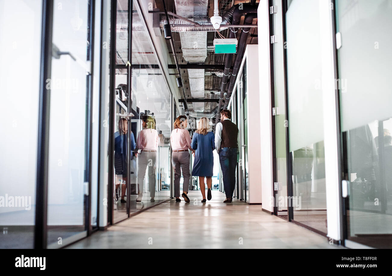 Vue arrière du groupe de gens d'affaires marche dans un immeuble de bureaux, de parler. Banque D'Images