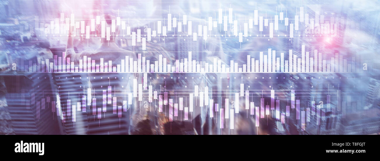 Diagramme de bougies stock trading graphique de l'entreprise Financement de l'investissement mixte concept double exposition écran virtuel. Banque D'Images