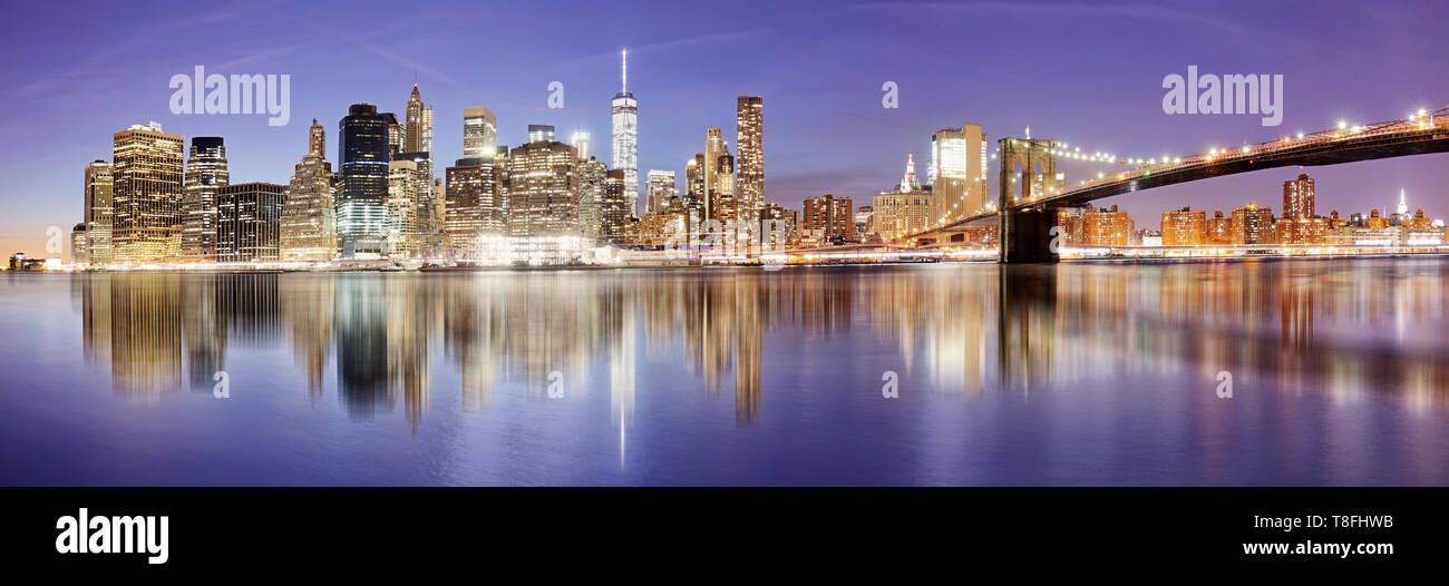 New York panorama avec pont de Brooklyn de nuit, USA Banque D'Images