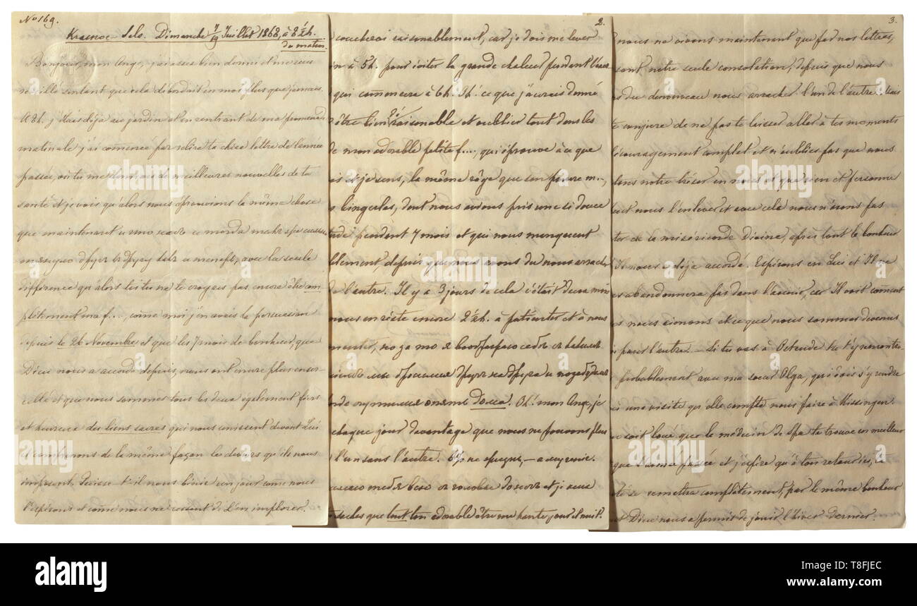 Le tsar Alexandre II (1818 - 1881) - une lettre d'amour avec la signature manuscrite 'Dein für immer' (tr. 'Forever yours"), en date du 07/19 Krasnoe Selo VII 16/28 VII 1868. Lettre en russe et en français à sa jeune maîtresse La Princesse Ekaterina Dolgorukaya (1847 - 1922). Le 6 juillet 1880, il a contracté un mariage légitiment avec elle, qu'un mois après la mort de sa femme, l'Impératrice Maria Alexandrovna. Trois feuilles (19,3 x 12 cm), 12 pages écrites à l'encre, avec monogramme estampillé de son père 'N I." dans le cadre de la couronne du tsar. Alexander II décrit bonjour, Additional-Rights Clearance-Info-Not-Available- Banque D'Images