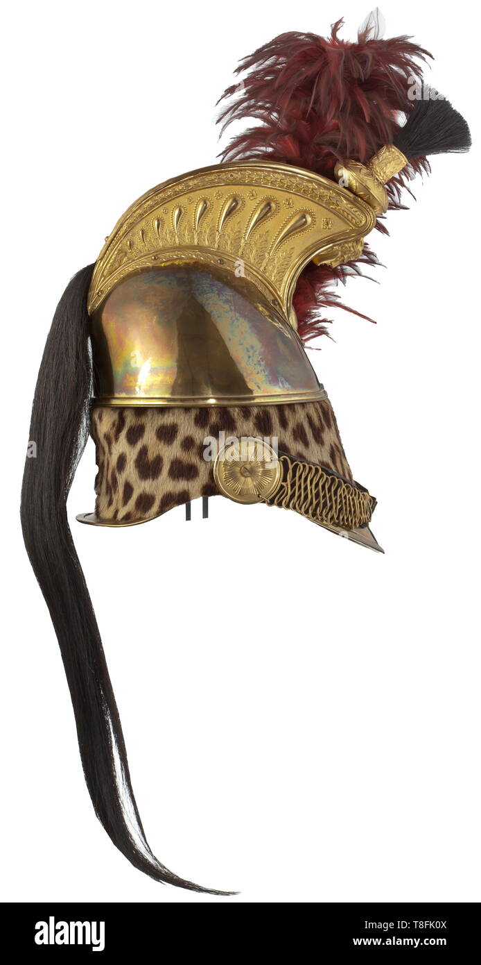 Un casque pour les officiers du Dragoons, modèle 1845, époque du Second Empire. Luxueusement décorées et crâne doré, le sabot à la tête de Minerva et grenade, gadrooned bossages sur les côtés, noir, queue de crin plumes rouges sur les côtés, l'échelle sur un large jugulaire rembourrage fabriqué à partir de textile et de l'airain, couvert continu, attachés à l'arrière, fabriqué à partir de la peau de panthère", la doublure est manquant. Rare, magnifique casque en très bon état., historique, historique du 19e siècle, l'Europe, 19e siècle, Additional-Rights Clearance-Info-Not-Available- Banque D'Images