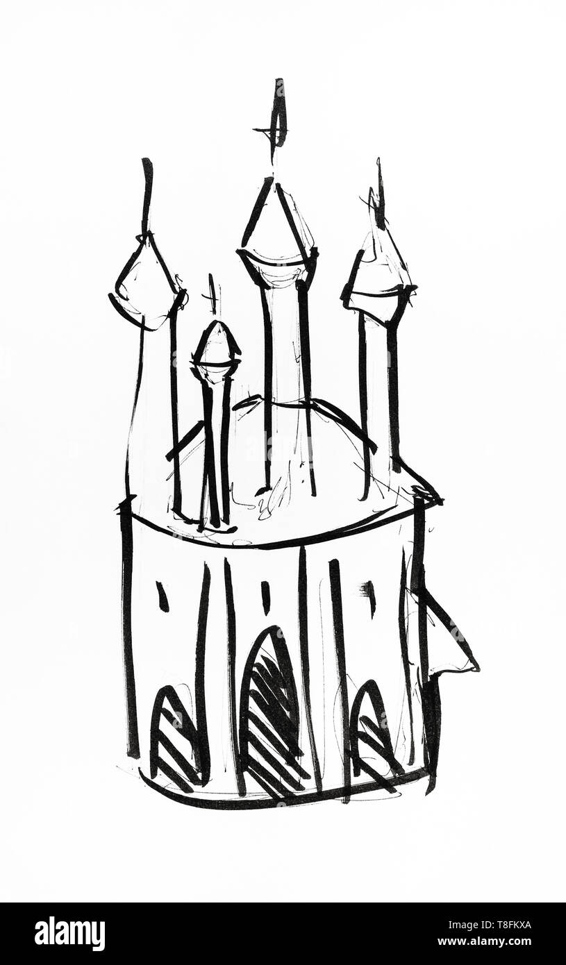Croquis du château de fantaisie avec des tours à la main par l'encre noire sur du papier blanc Banque D'Images