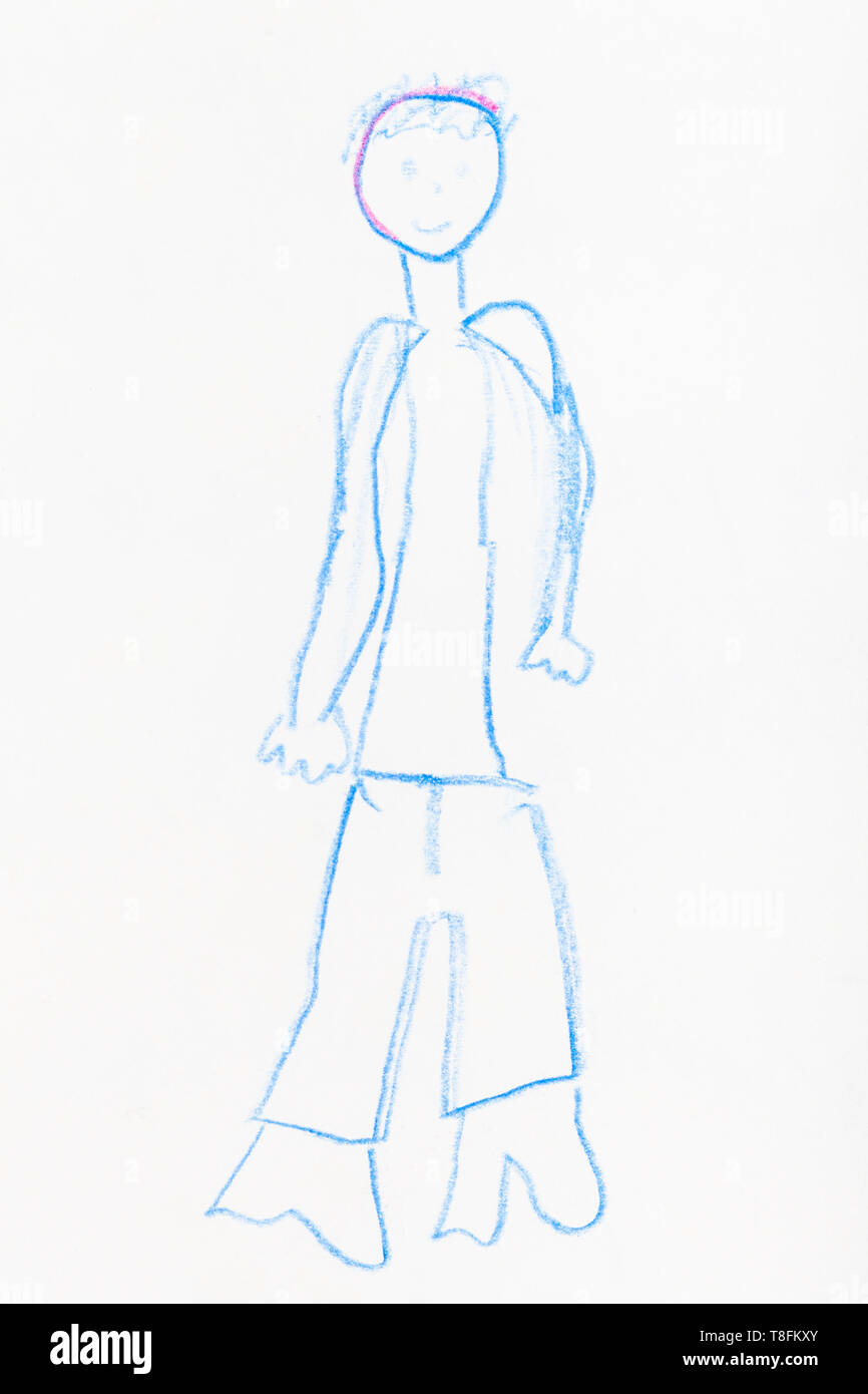 Garçon naïf de croquis à la main par crayon bleu sur papier blanc Banque D'Images