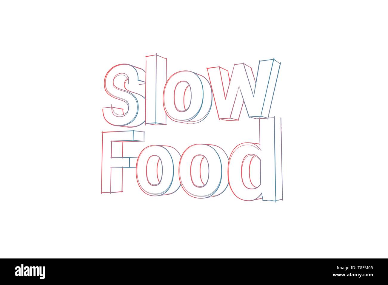 Slow Food - 3D - texte en trois dimensions. Mots avec lignes de couleur orange et d'un tilde sur blanc. Chacun avec des mot-clé. Banque D'Images
