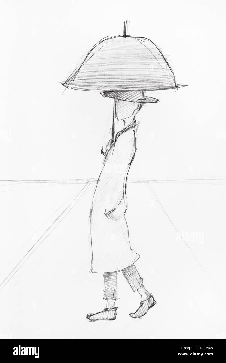 Croquis de l'homme sous parapluie avec les lignes de convergence de vue à la main par crayon noir sur papier blanc Banque D'Images