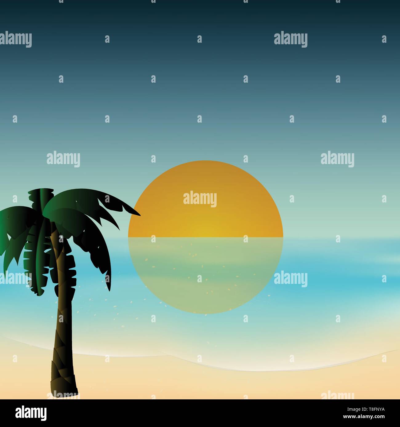 Scène sereine de coucher de soleil sur la mer tropicale avec palmiers et Shore Illustration de Vecteur