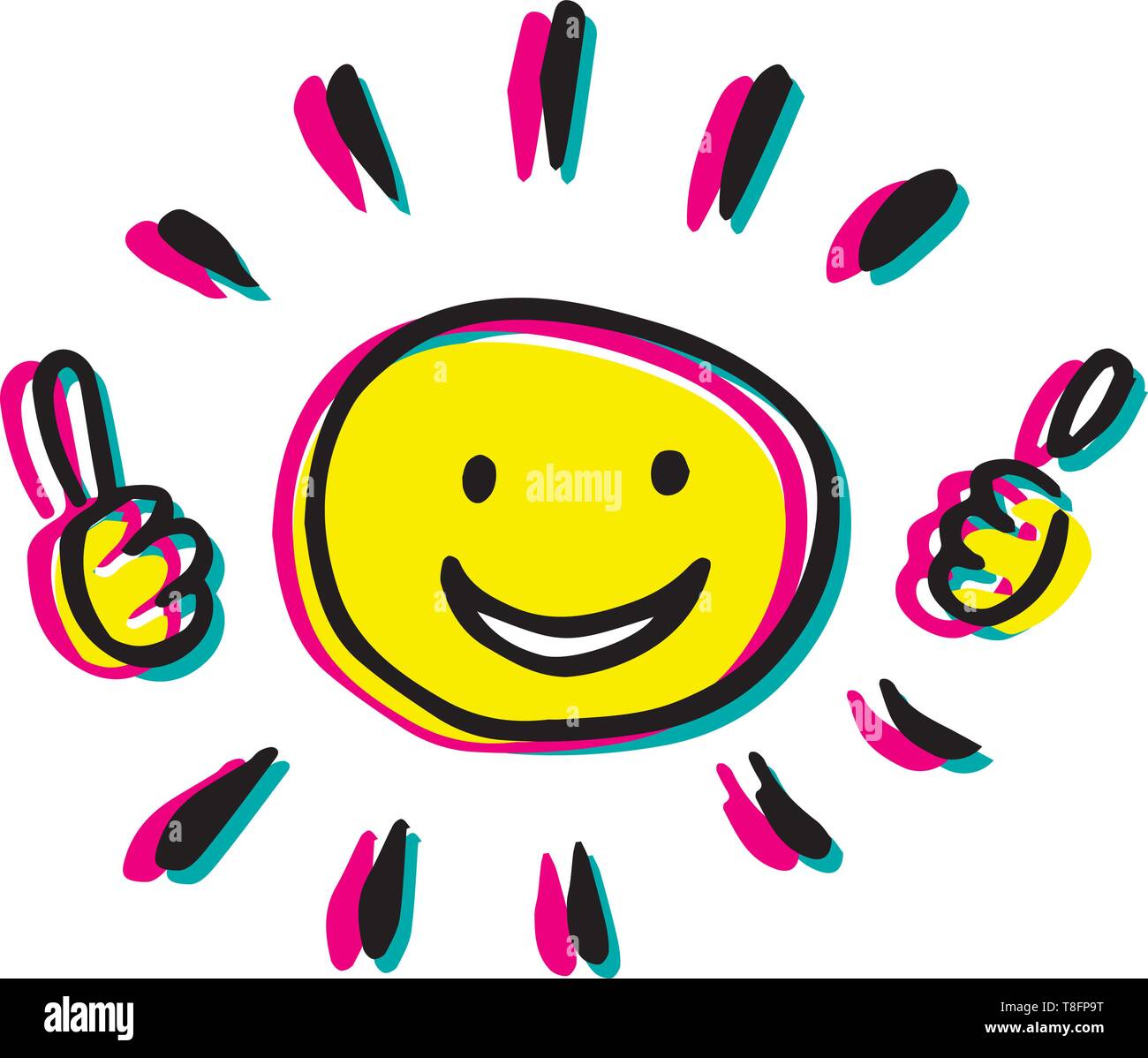 Modern style vector hand drawn heureux soleil illustration with Thumbs up. Illustration de Vecteur