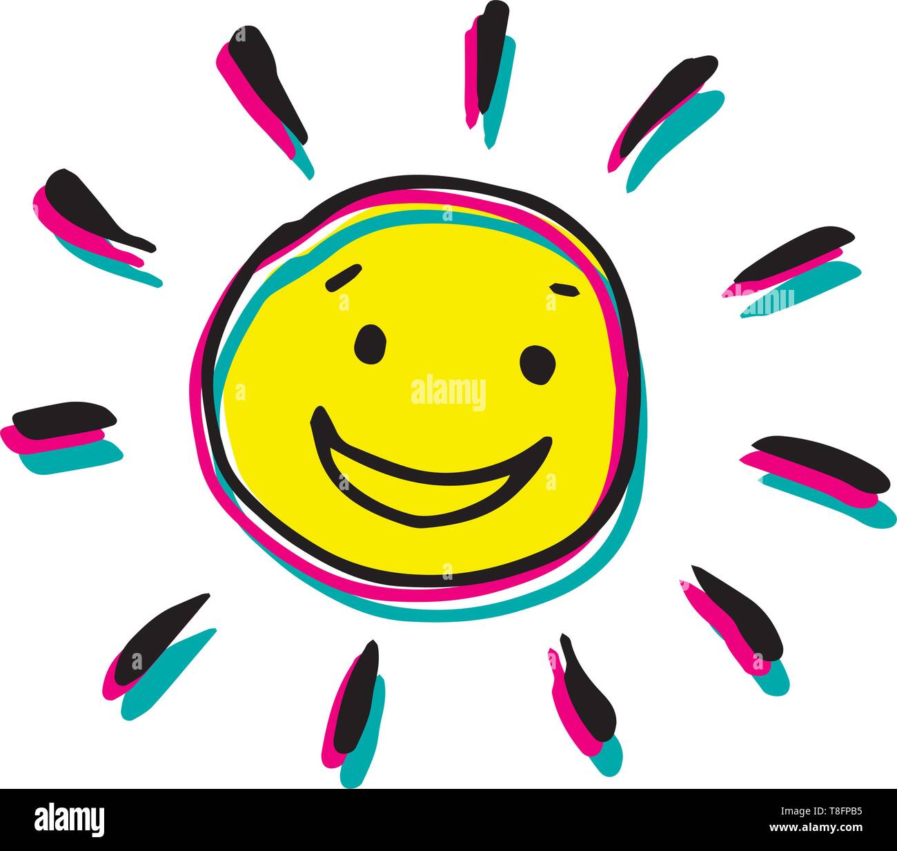 Happy smiling coloré vecteur soleil en style enfantin. La main créative illustration. Illustration de Vecteur