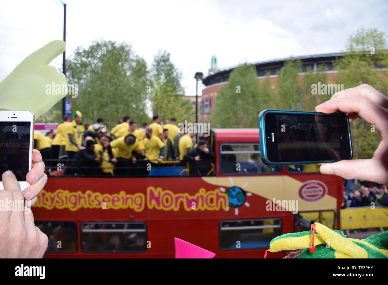 FC Norwich Norwich en défilé pour célébrer remportant le championnat et la promotion à la Premier League. Norwich, UK 6/5/19 Banque D'Images