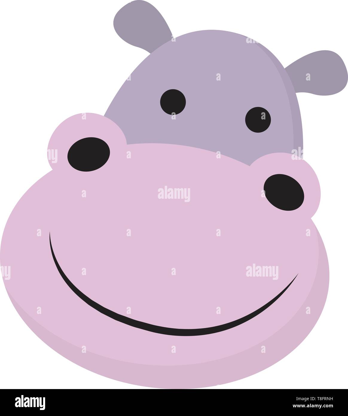 Un visage d'un hippopotame violet avec deux petites oreilles, projetant la bouche ovale, semble très heureux et mignon, tout en souriant, sur fond blanc, vect Illustration de Vecteur
