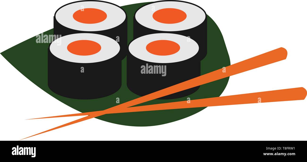 Quatre de clipart sushi dans l'orange, blanc et vert sur une feuille de palmier avec des baguettes généralement à base de riz assaisonné avec du poisson, des oeufs ou des légumes, vecto Illustration de Vecteur