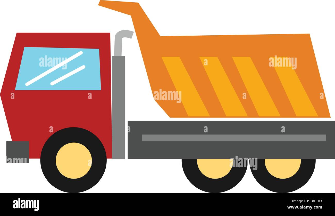 Un camion-benne avec trémie en couleur orange, le moteur, le réservoir de carburant, de couleur rouge, et en bleu, couleur de la cabine et le châssis latéral en couleur gris, utilisé pour prendre des dump Illustration de Vecteur