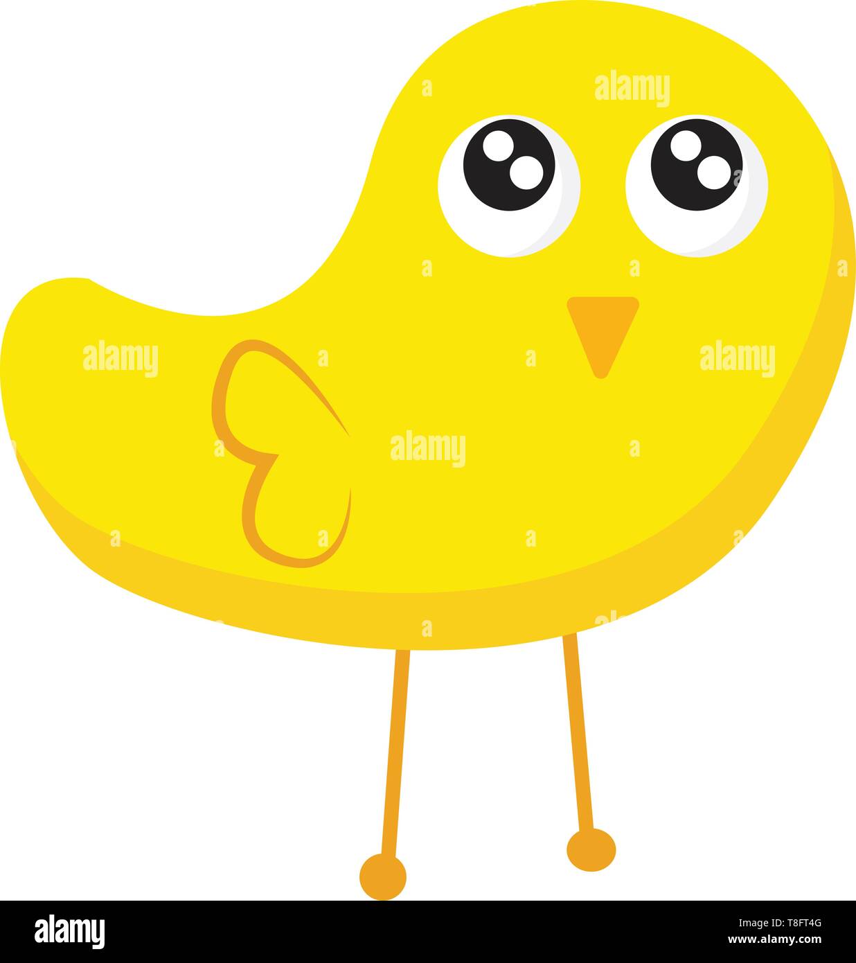 Un mignon petit oiseau jaune avec un corps de forme ovale qui s'effile vers la fin a deux yeux, aile en forme de cœur, triangle inversé comme le nez et stick-lik Illustration de Vecteur