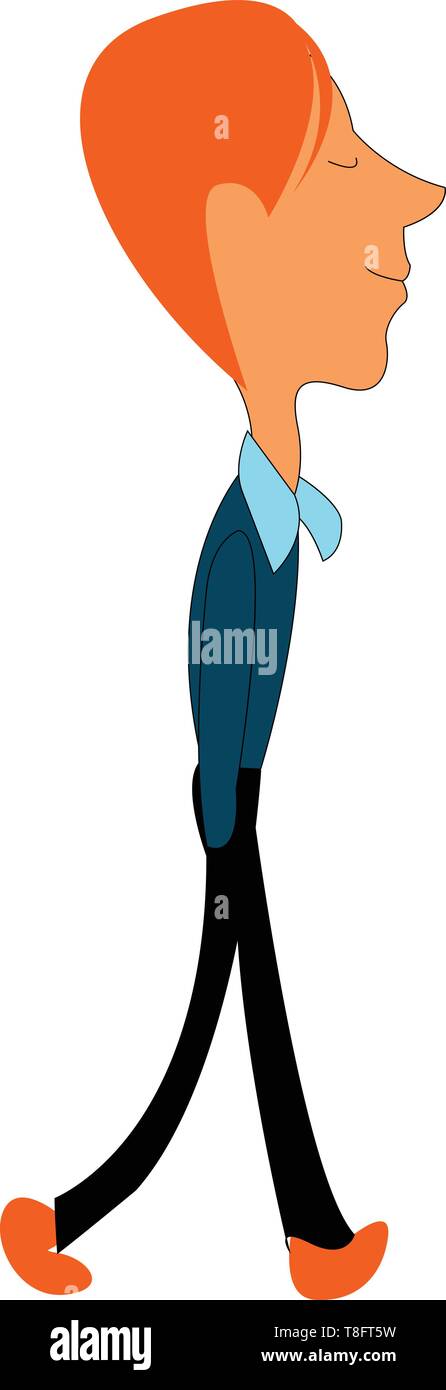 Un jeune homme en chemise bleue et pantalon noir avec ses mains rentrées dans ses poches a fermé les yeux tout en marchant, Scénario, dessin en couleur ou illustrati Illustration de Vecteur