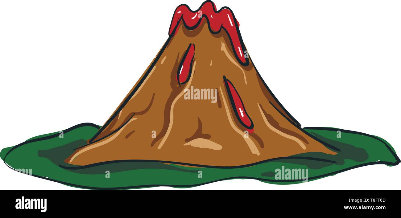 Un volcan actif avec la lave qui sort de son cratère, vecteur, dessin en couleur ou d'illustration. Illustration de Vecteur