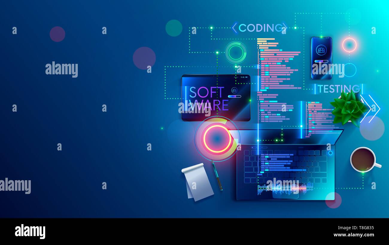 Développement logiciel Processus de codage concept. La programmation, la plate-forme de test code, application sur ordinateur portable, tablette, téléphone. Créer un script, l'édition desktop Illustration de Vecteur