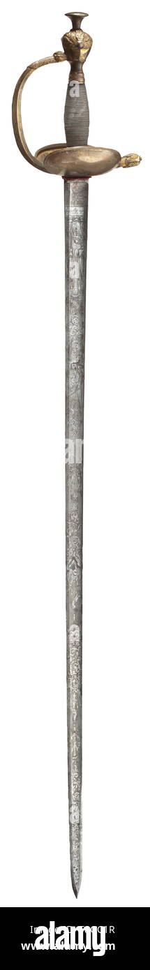 Le Prince Karl de Prusse (1801 - 1883) - une présentation d'un sabre épée d'estoc a/A avec strong, rainurée, lame gravée complètement et polis avec des trophées de guerre et de vrilles sur deux côtés, fabricant Frères Weyersberg à Solingen. Gros coup-de-bow les couilles avec des restes de la dorure et symétrique des gardes, inscrit 'Andenken" (tr. 'Souvenir') sur le côté inverse de la couronne du roi, et 'Karl P.V.P.". Poignée avec bobinage en fil d'argent, la lame en relief avec de fines décorations d'acanthe et grenades fulgurantes. Longueur 104 cm. Additional-Rights Clearance-Info, Friedric--Not-Available Banque D'Images