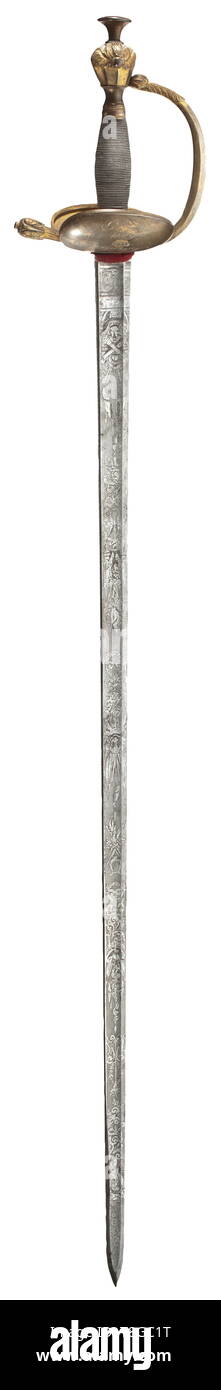 Le Prince Karl de Prusse (1801 - 1883) - une présentation d'un sabre épée d'estoc a/A avec strong, rainurée, lame gravée complètement et polis avec des trophées de guerre et de vrilles sur deux côtés, fabricant Frères Weyersberg à Solingen. Gros coup-de-bow les couilles avec des restes de la dorure et symétrique des gardes, inscrit 'Andenken" (tr. 'Souvenir') sur le côté inverse de la couronne du roi, et 'Karl P.V.P.". Poignée avec bobinage en fil d'argent, la lame en relief avec de fines décorations d'acanthe et grenades fulgurantes. Longueur 104 cm. Additional-Rights Clearance-Info, Friedric--Not-Available Banque D'Images