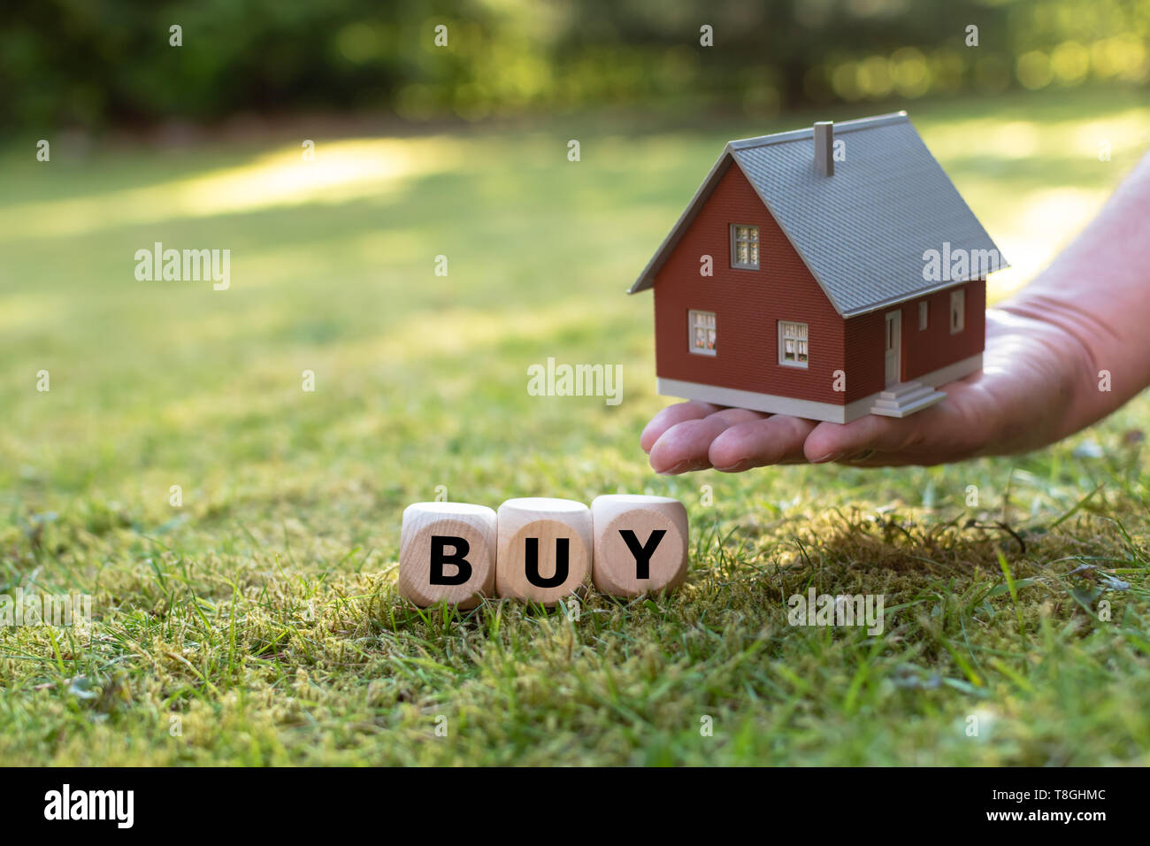 Concept pour l'achat d'une maison. Une main tient une maison modèle au-dessus d'une prairie. Dés forment le mot "acheter". Banque D'Images