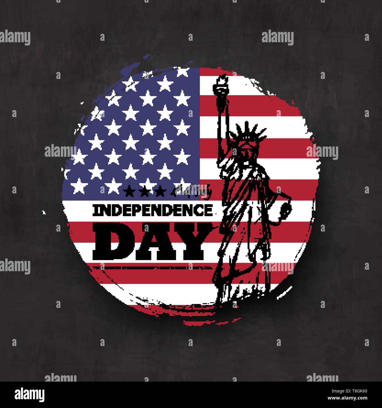 4 juillet Jour de l'indépendance des États-Unis . Grunge forme du cercle avec l'Amérique d'un drapeau et statue de la liberté design dessin on chalkboard texture background . Ve Illustration de Vecteur