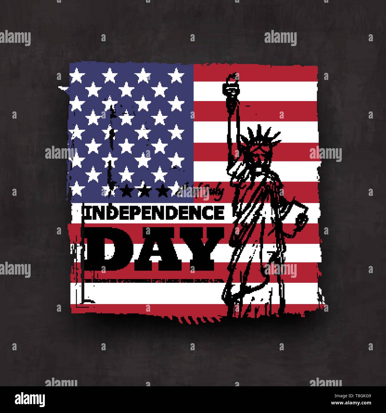 4 juillet Jour de l'indépendance des États-Unis . Grunge carrée à drapeau de l'Amérique et de la statue de la liberté design dessin on chalkboard texture background . Ve Illustration de Vecteur