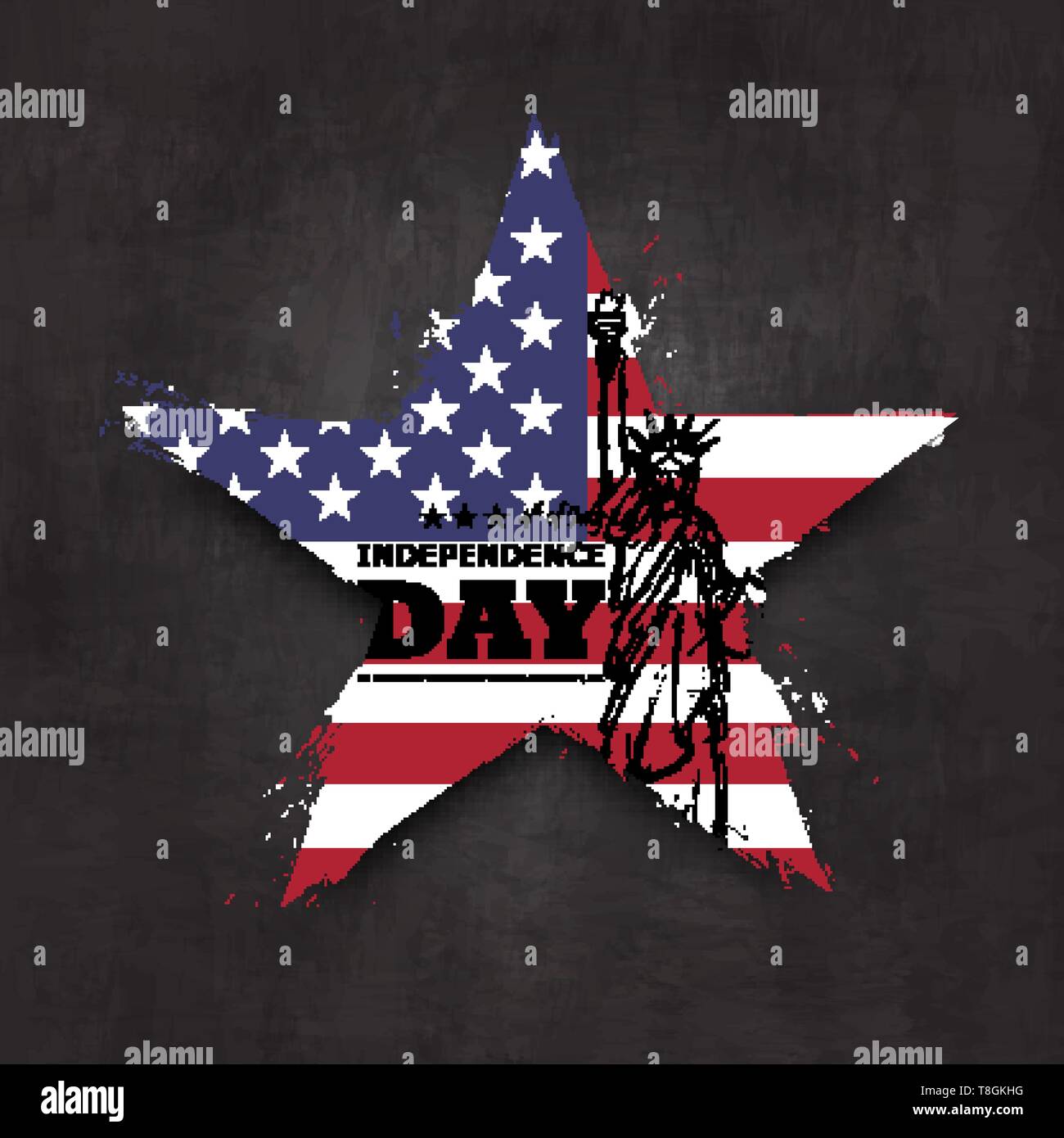 4 juillet Jour de l'indépendance des États-Unis . Grunge star shape avec drapeau amérique et statue de la liberté design dessin on chalkboard texture background . Vect Illustration de Vecteur