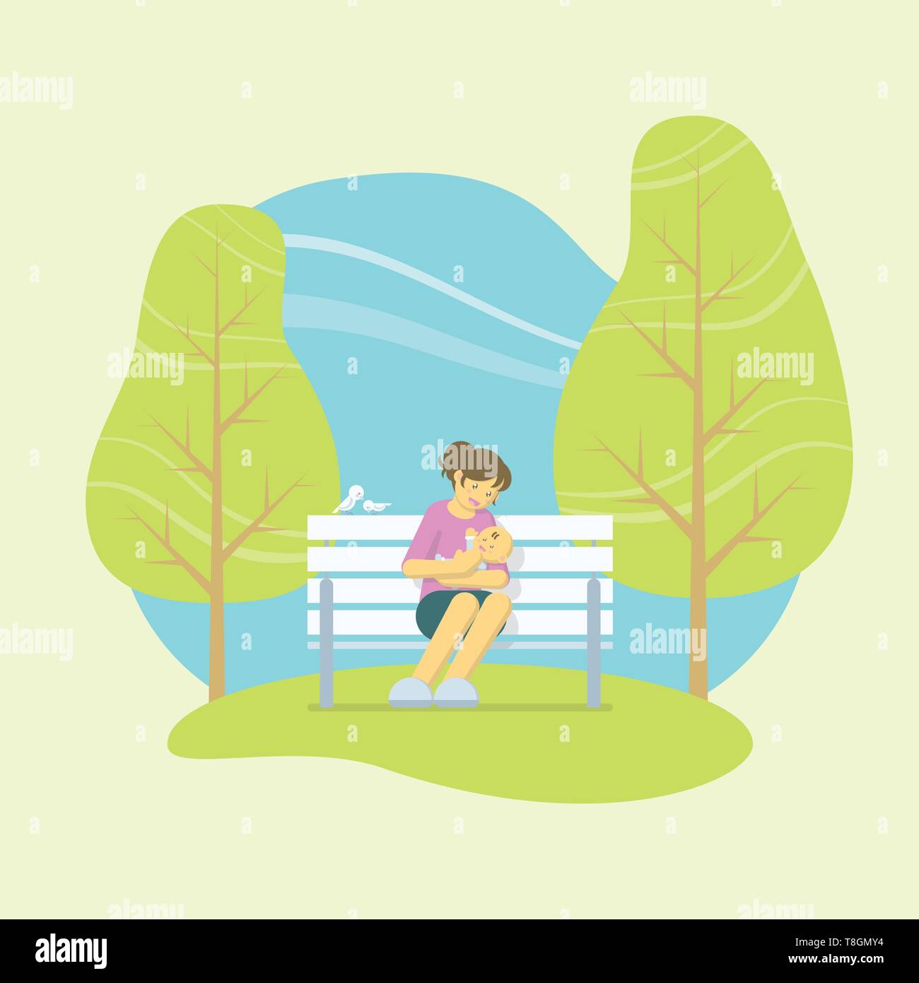 Mère jouant avec un bébé dans les bras alors qu'il était assis sur un banc blanc dans un parc avec des oiseaux et des arbres dans le style plate Illustration de Vecteur